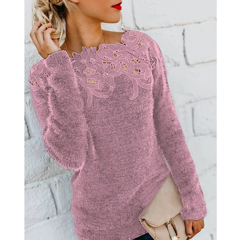 Autumn Winter Sweet Korean Fashion Casual Solid Pullover O-Neck Pullover Plush Warm Sweat Ladies Sweater Lace Women Knit Sweater
