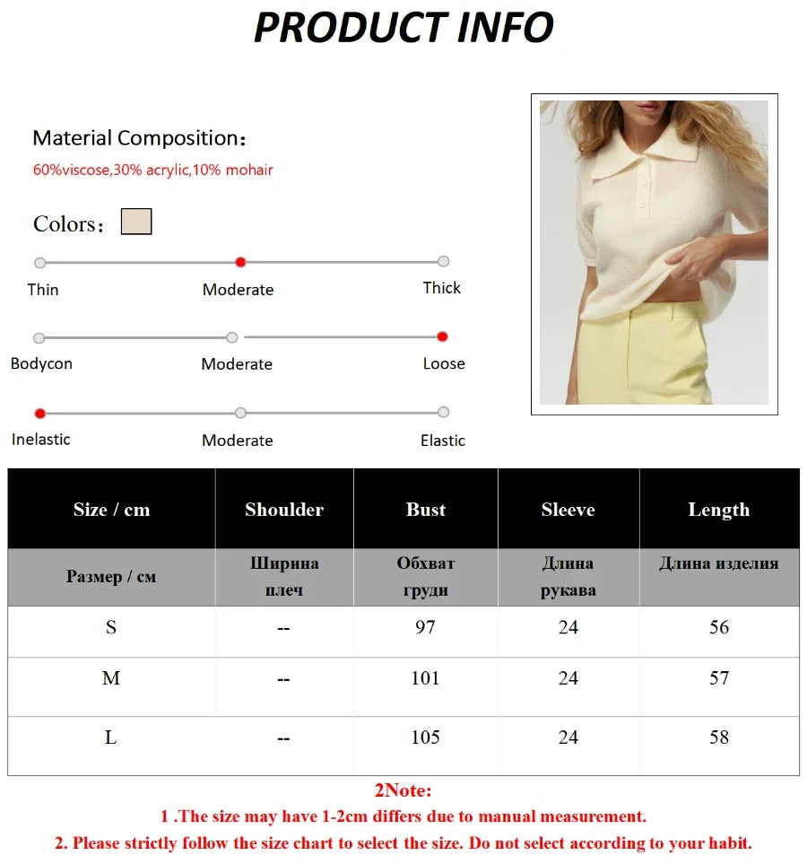 Wolfeel Summer New Polo Collar Hollow Knitted Short Sleeved Sweater Women's Bubble Sleeve T-shirt Female Simple Knitted Sweater