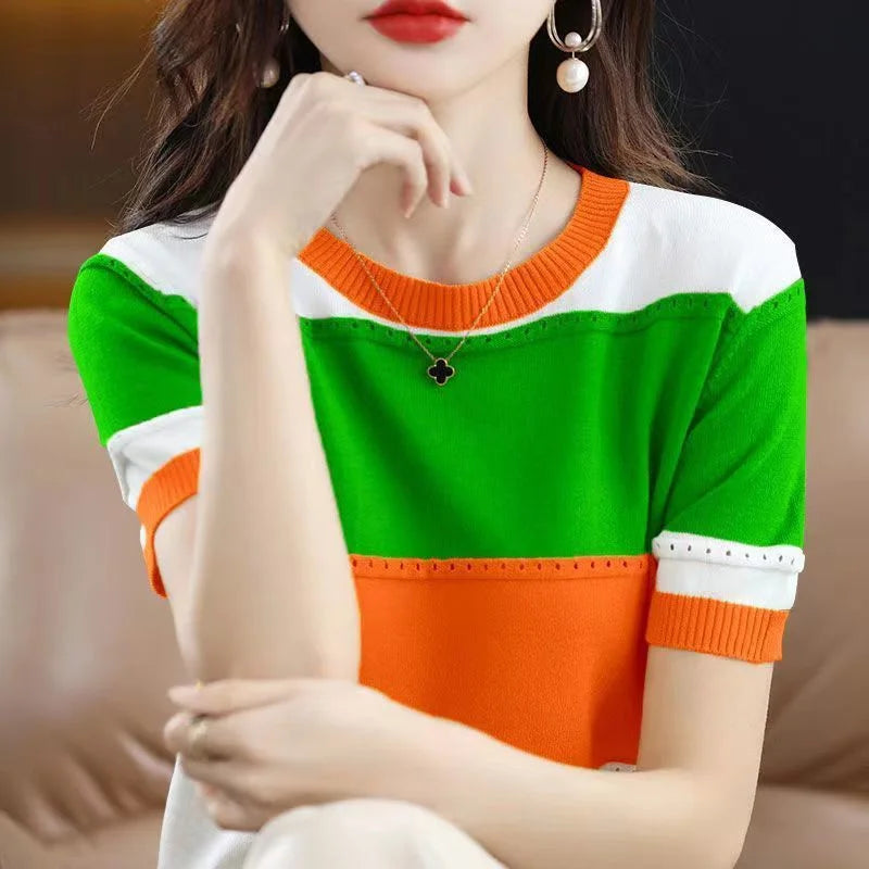 2024 Summer New Ice Silk T-shirt Short-sleeved Stripes knitted Pullover Womens Color Matching Hollow Thin Knitted Sweater Ladies