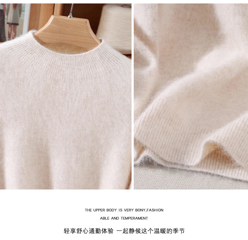 Women's Sweater Semi High Neck Autumn/Winter Pullover Long Sleeved High-End 100% Mink Fur Knitted Sweater Fashion Korean Version