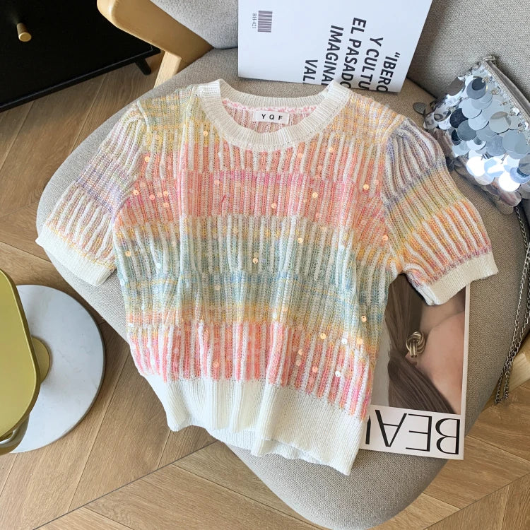Summer Women's Sweater Sequins Striped Slim Knit Pullovers T-shirts Crop Tops Stylish Chic Fashion Short Sleeve O-neck Jumpers