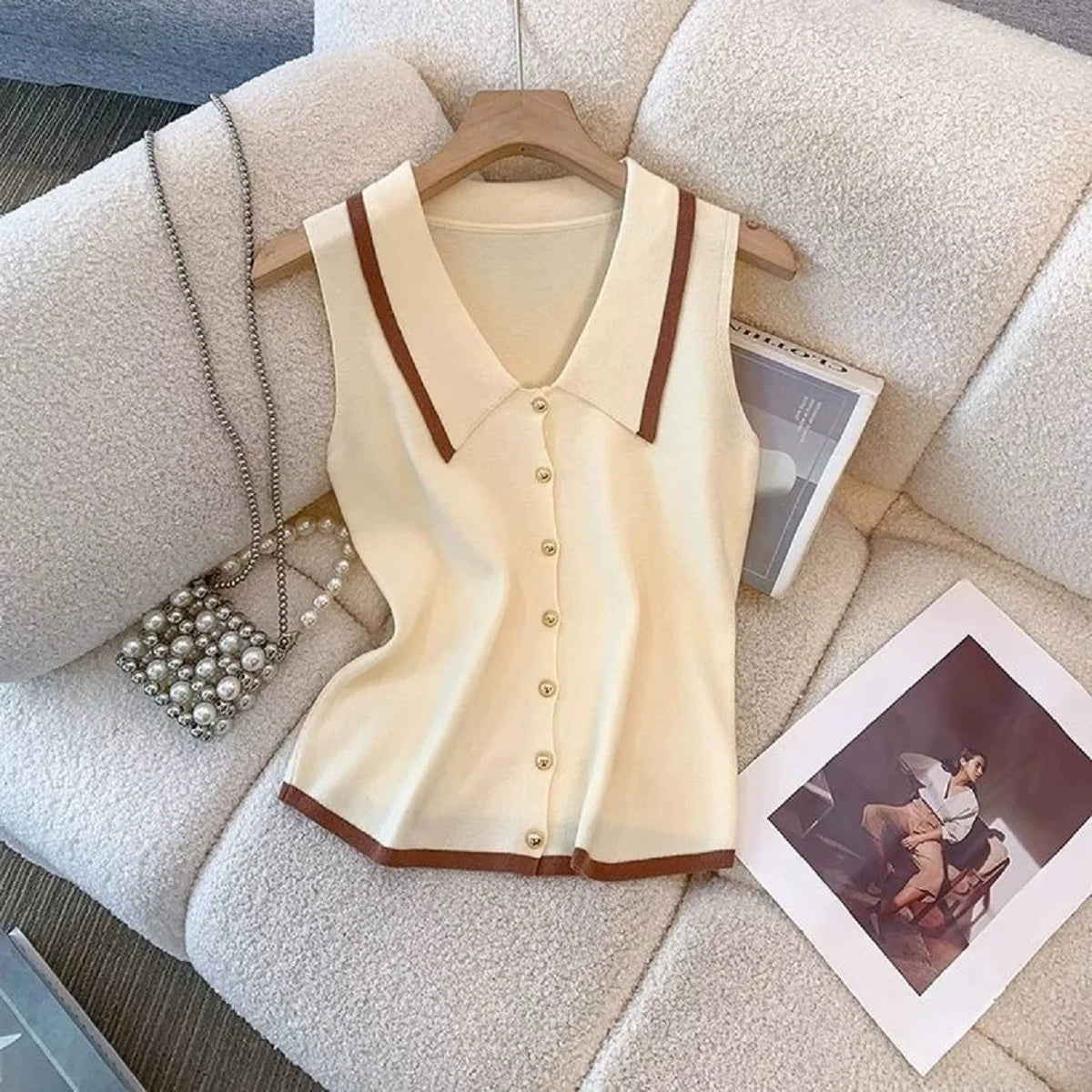 Women Summer Sweater Korean Fashion Polo Neck Slim Fit Knitted Vest Sleeveless Single Breasted Female Tank Top Clothing