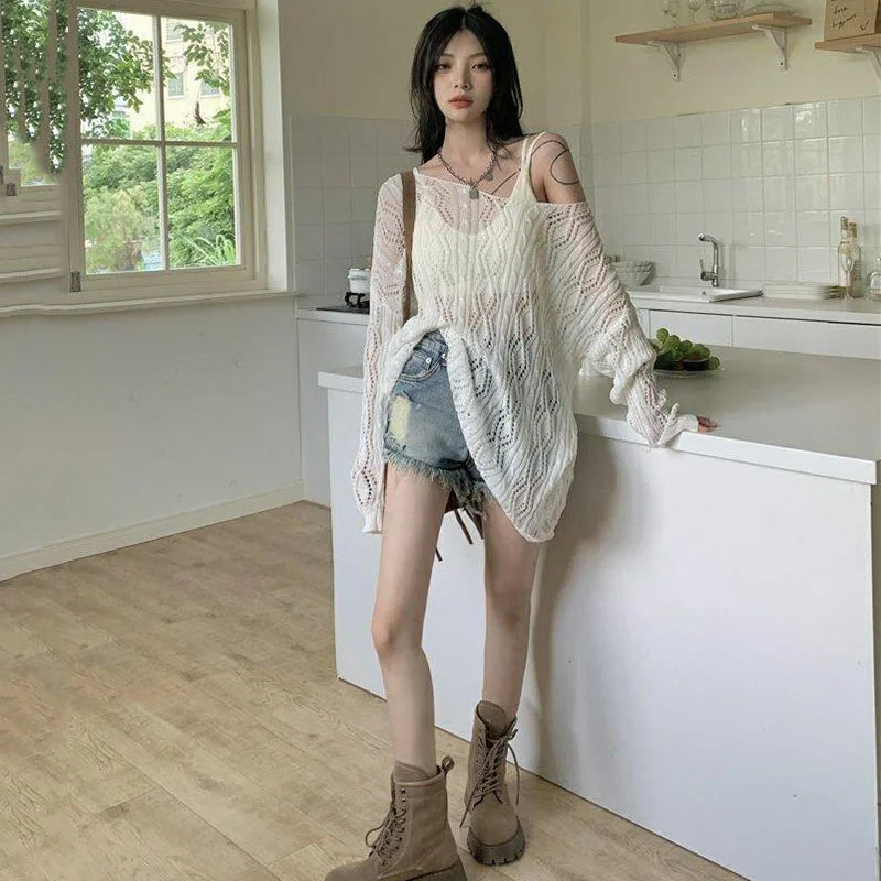 Fashion Two-Sided Wear Knitted Pullover Women Summer Thin Hollow Out Sunscreen Knitwear Woman Streetwear Loose See Through Tops