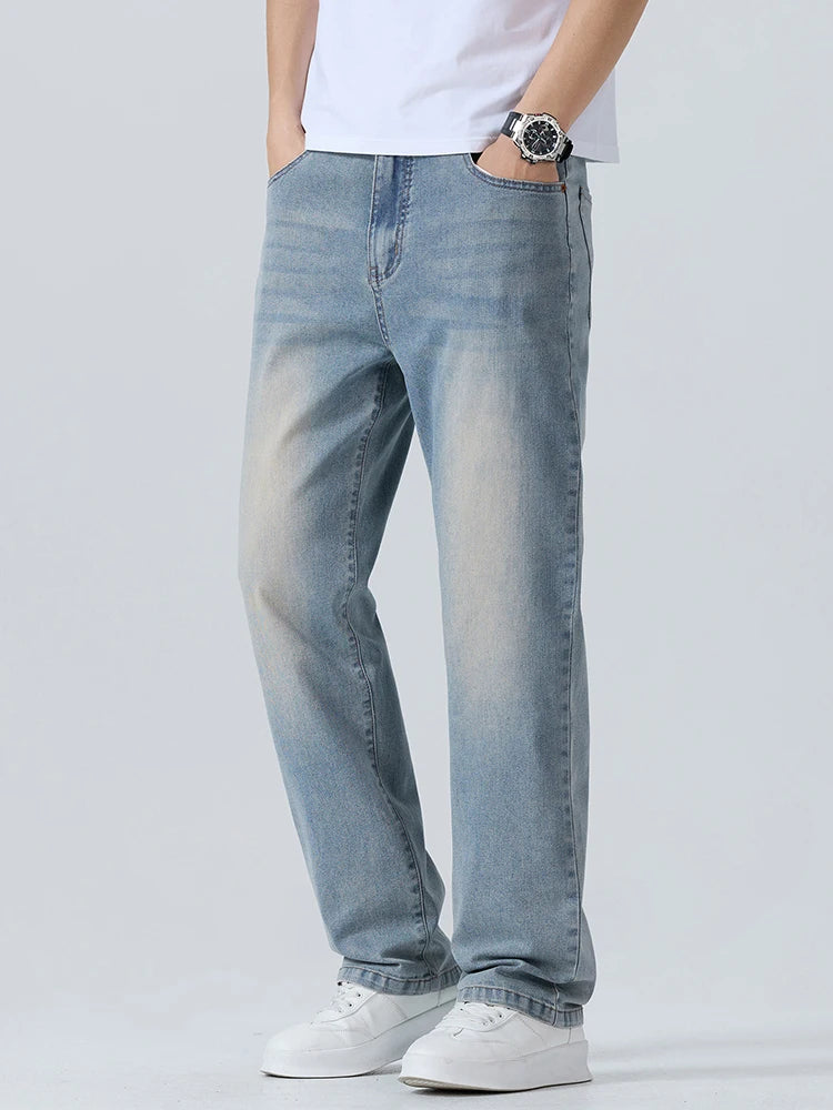 Summer Thin Men's Printed Jeans Breathable Fashion Business Loose Pants Washing Vintage Casual Denim Trousers Male