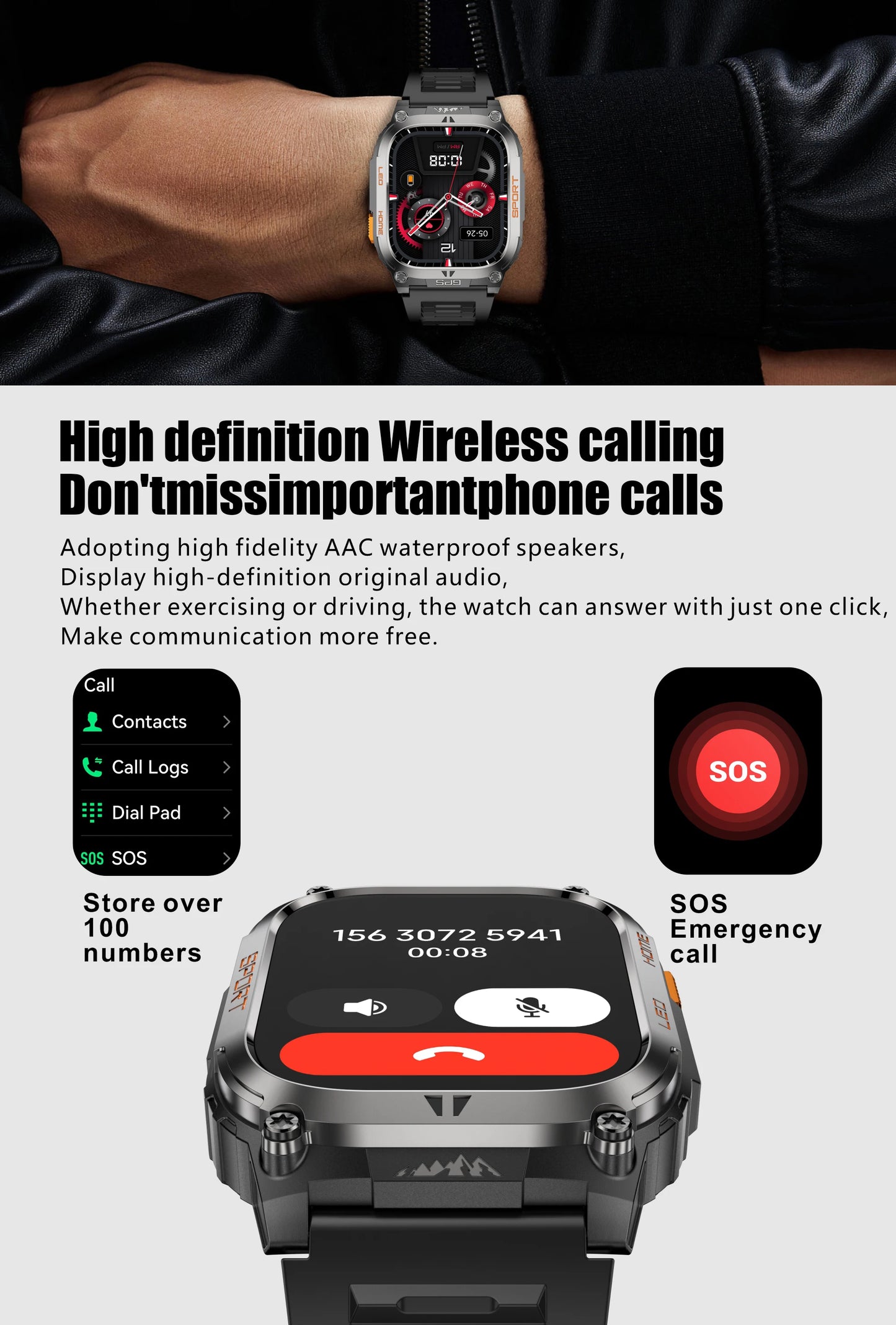 LIGE New GPS Tracking Smart Watch  LED Flashlight 1.96inch HD Screen Compass BT Call Waterproof Sport Smartwatch For Android iOS