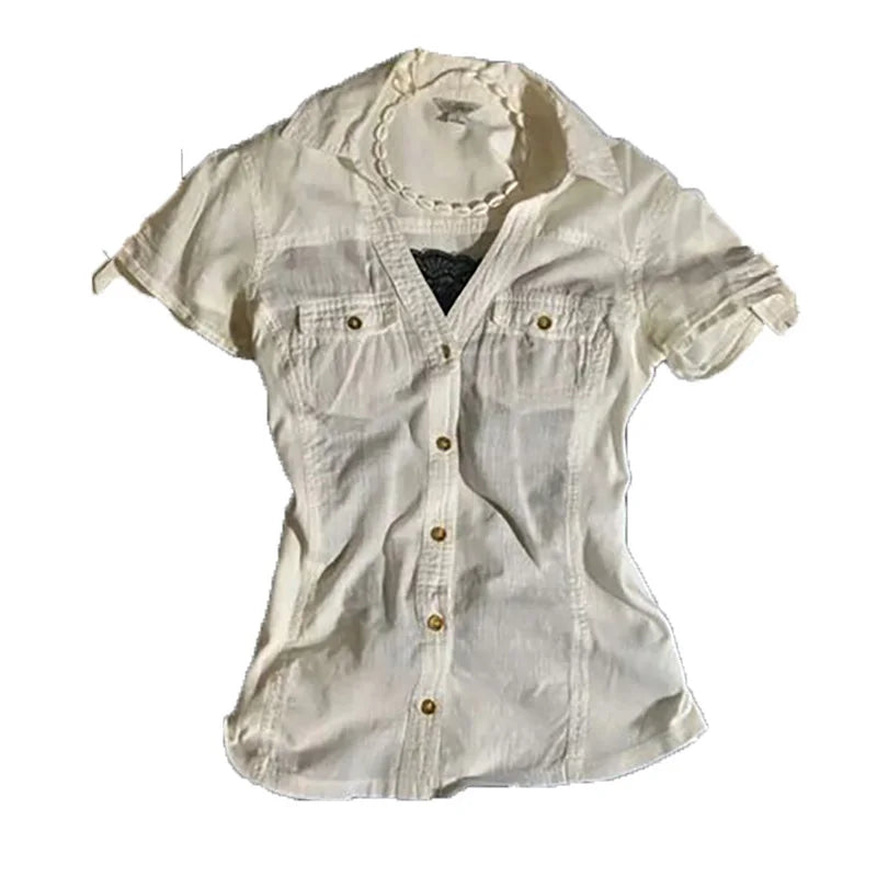 Women Fashion Y2K Button Shirt Summer Thin Top Goes with everything Casual Slim Streetwear