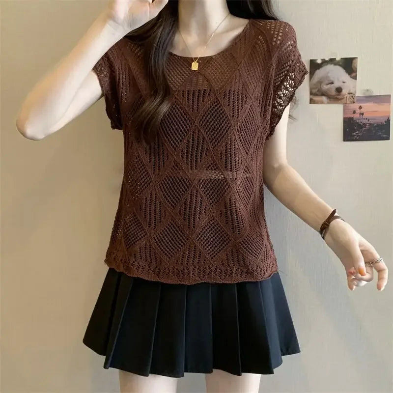 2025 Summer New Hollow Ice Silk Sweater for Women Short-sleeved Shirt with Backless Vests and Thin Tops