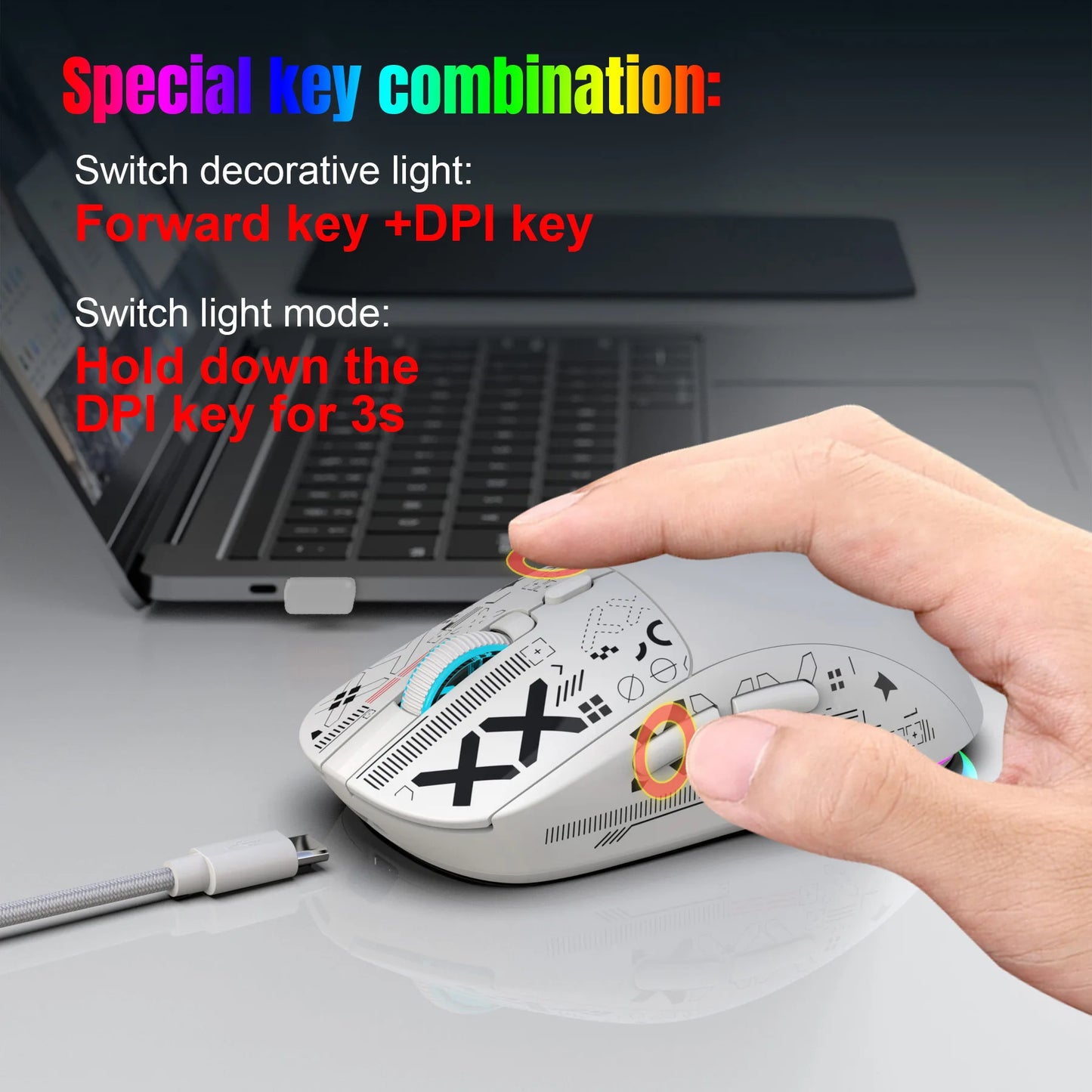 HXSJ T90  Thir-Mode wireless mouse (Wired+2.4G+BT) RGB Backlight 650mAh Gaming Mouse