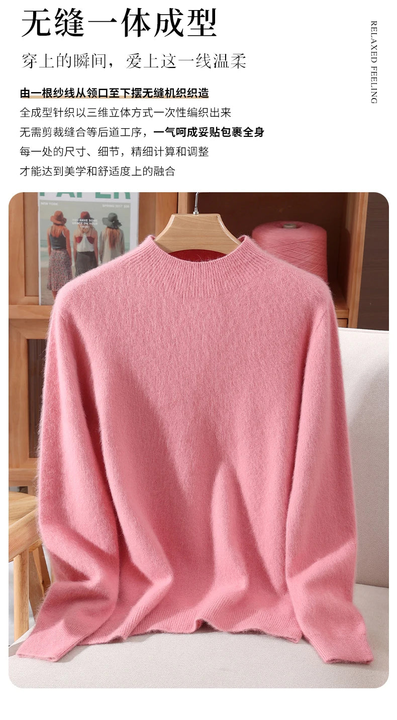 Women's Sweater Semi High Neck Autumn/Winter Pullover Long Sleeved High-End 100% Mink Fur Knitted Sweater Fashion Korean Version