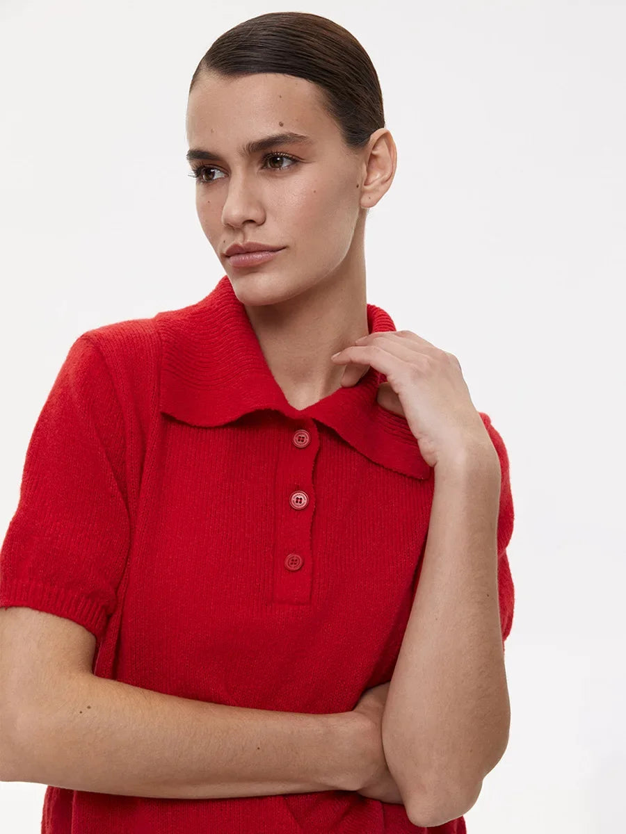 Wolfeel Summer New Polo Collar Hollow Knitted Short Sleeved Sweater Women's Bubble Sleeve T-shirt Female Simple Knitted Sweater