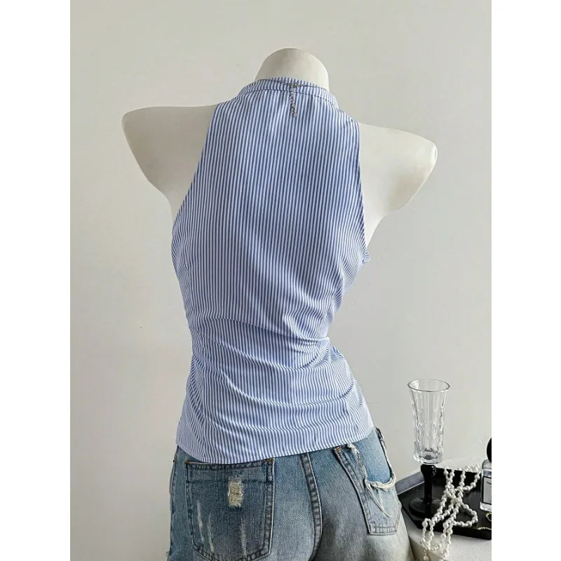2025 Sexy Fashion Causal Stripe V Neck Sleeveless Holiday Design Plaid Skinny Halter Women Tank Chic Holiday Streetwear Tanks