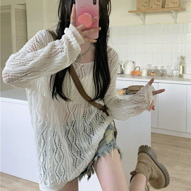 Fashion Two-Sided Wear Knitted Pullover Women Summer Thin Hollow Out Sunscreen Knitwear Woman Streetwear Loose See Through Tops