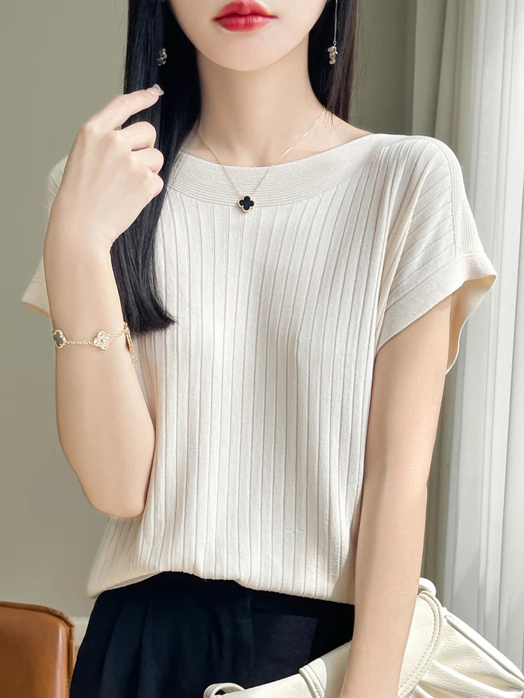2025 Fashion Slash Neck Women Sweater Ice Silk Spring Summer Knitted Sweater Loose Casual Korean Shirts Short Sleeve Knitwears