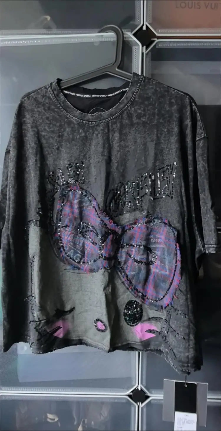 Y2K Hello Kitty Summer Girls T-Shirt Short Sleeve Anime Sanrios Cartoon Cute Sweet Cotton Women Kawaii Casual Loose Trend Tops