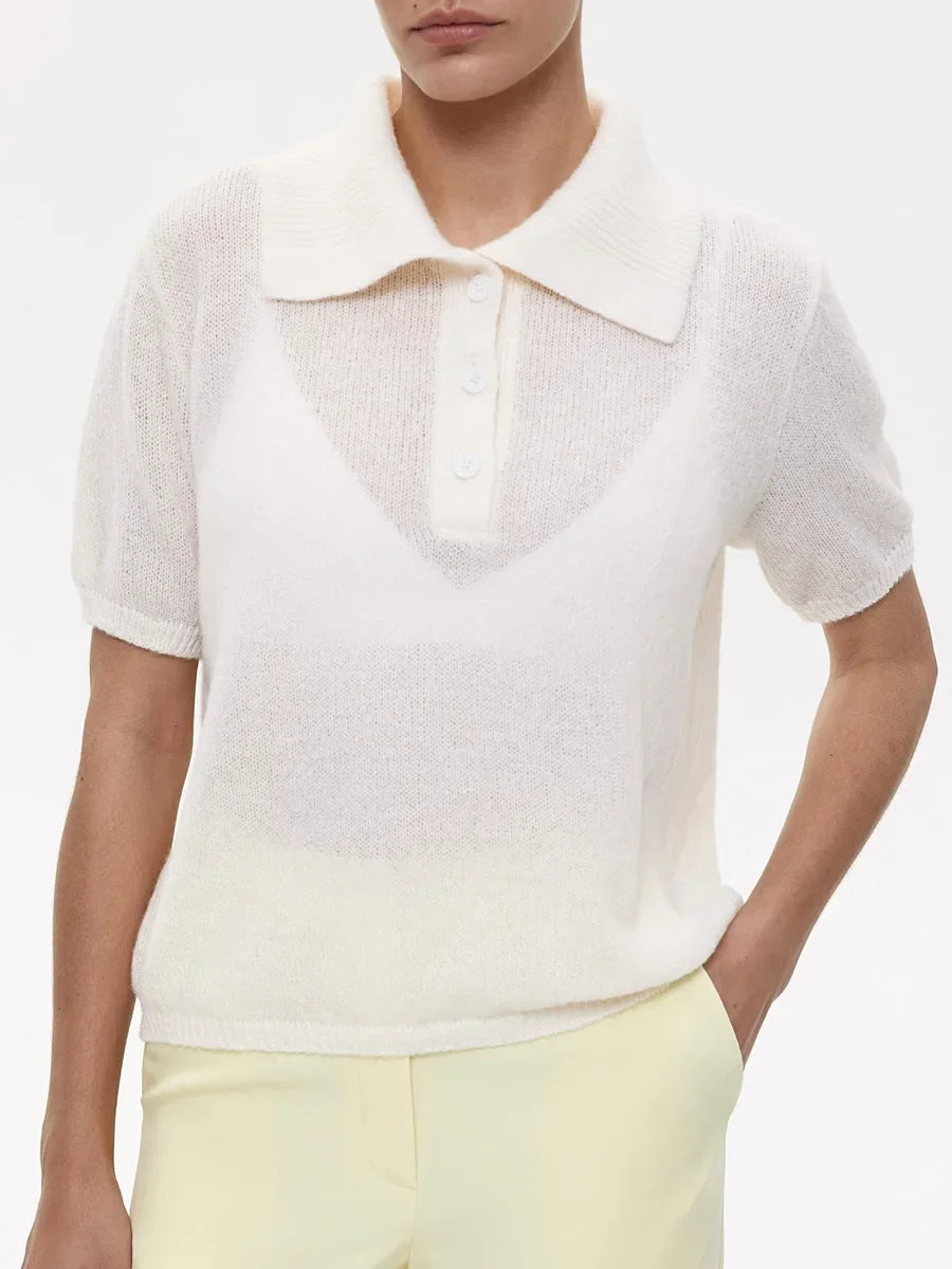 Wolfeel Summer New Polo Collar Hollow Knitted Short Sleeved Sweater Women's Bubble Sleeve T-shirt Female Simple Knitted Sweater