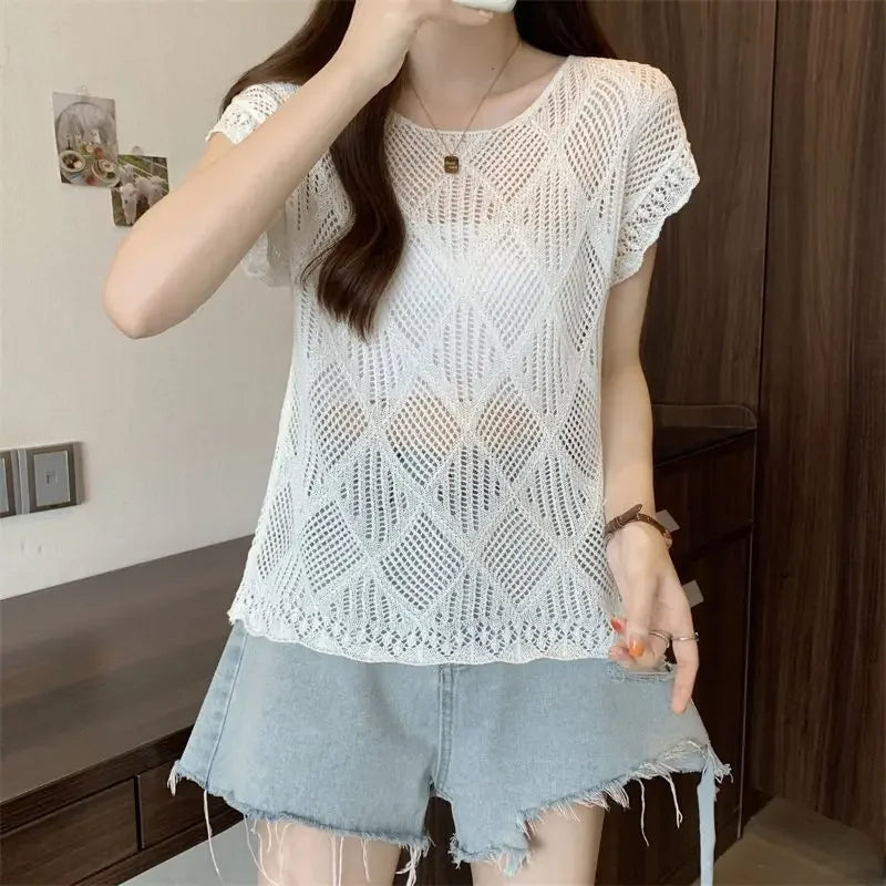 2025 Summer New Hollow Ice Silk Sweater for Women Short-sleeved Shirt with Backless Vests and Thin Tops