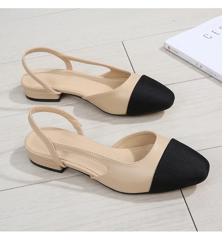 New Pointed Toe Sandals Fashion Low Square Heels Flat Shoes Korean Color Matching Party Ladies Shoes Chaussure Femme 2024