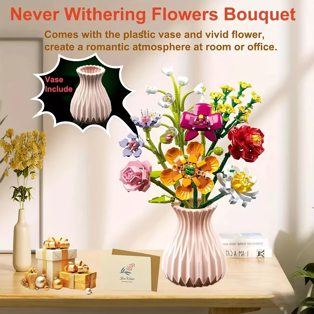 Flower Bouquet Building Set  18 Flowers Rose Sunflower Home Plant Decor, Birthday Gift for Adults Women