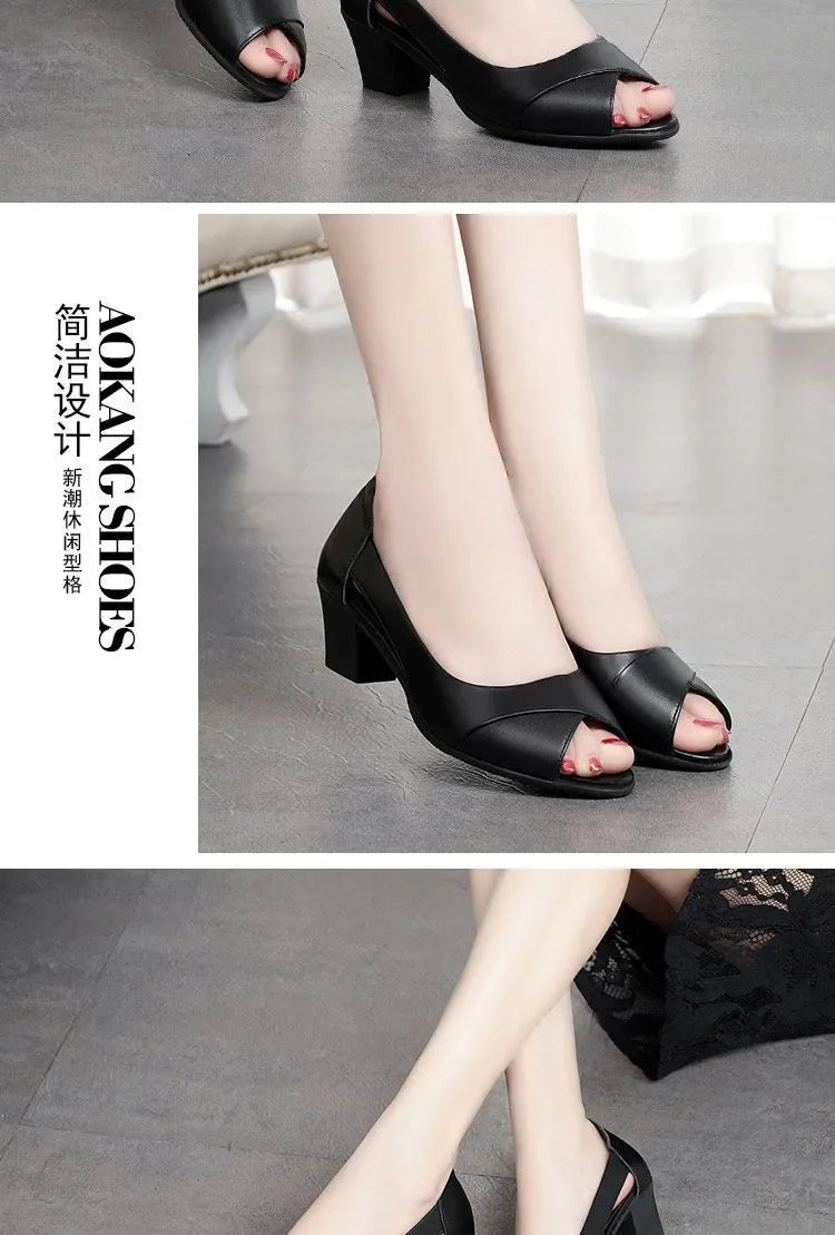 Female Shoes on Sale 2024 New Slip on Women's Sandals Solid Slip on Open Toe Chunky Heels Neutral Mature Fish Mouth Sandals