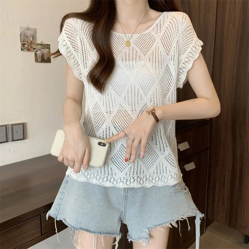 2025 Summer New Hollow Ice Silk Sweater for Women Short-sleeved Shirt with Backless Vests and Thin Tops