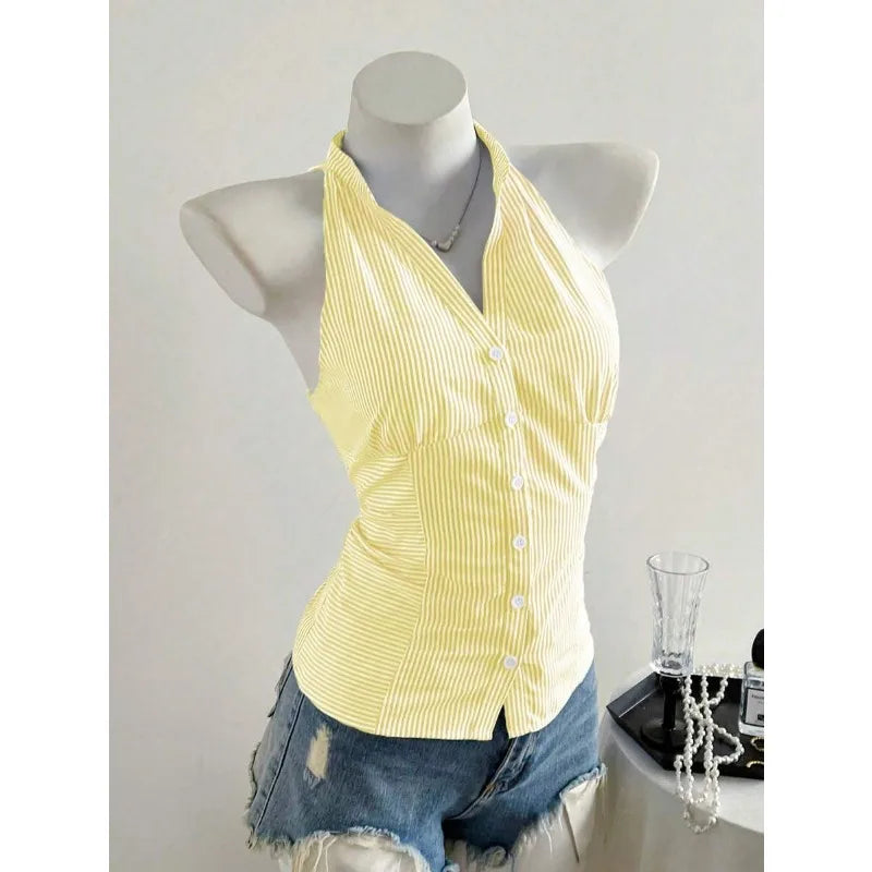 2025 Sexy Fashion Causal Stripe V Neck Sleeveless Holiday Design Plaid Skinny Halter Women Tank Chic Holiday Streetwear Tanks