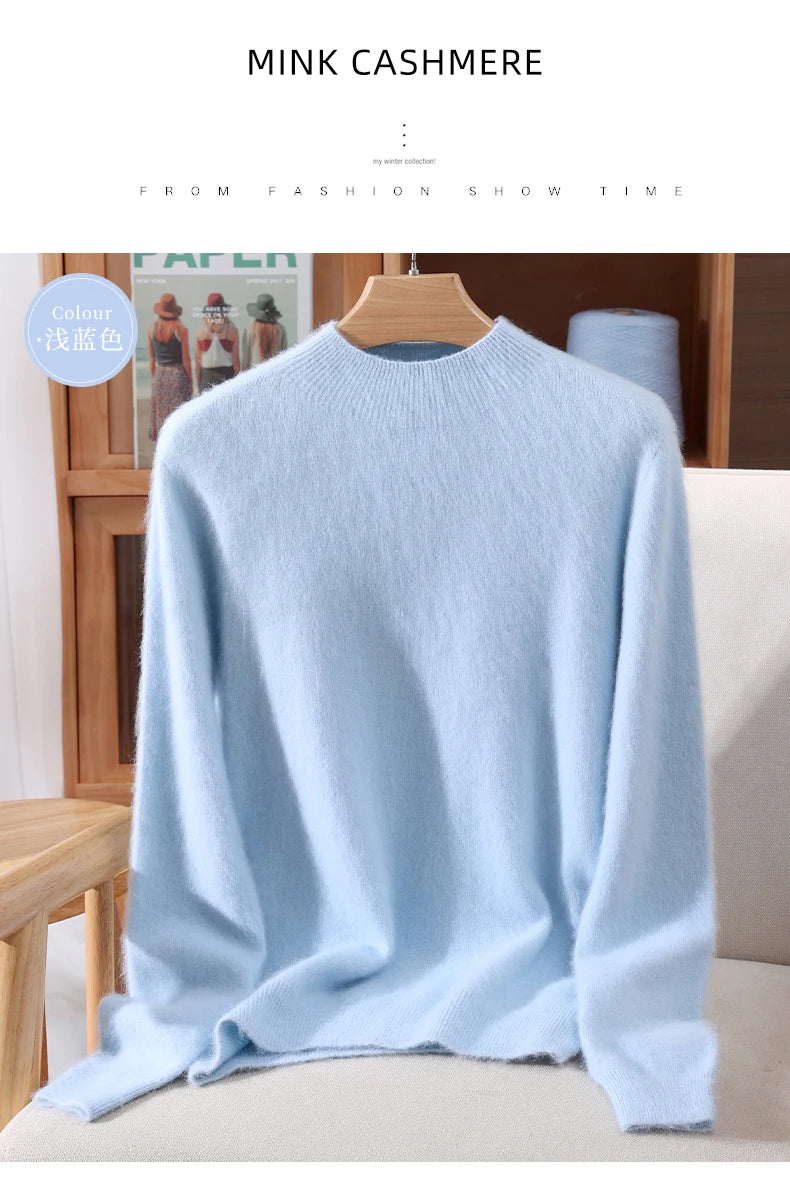 Women's Sweater Semi High Neck Autumn/Winter Pullover Long Sleeved High-End 100% Mink Fur Knitted Sweater Fashion Korean Version