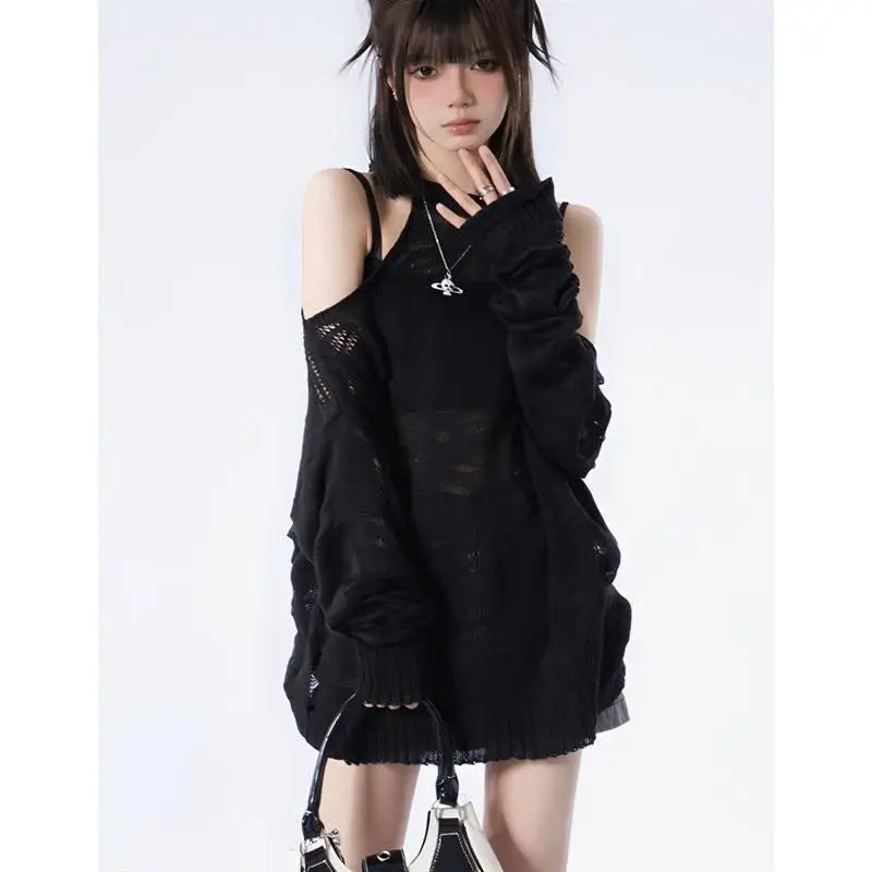 Exposed Shoulder Knitted Top Loose Women Y2k Aesthetic Hollow Out Thin Pullover Jacket Spring Summer Fashion Casual Sexy Sweater