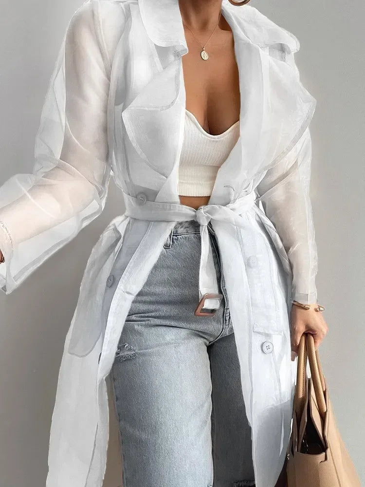 Joskaa Solid Organza See Through Lapel Full Sleeve Trench 2023 Summer Women Fashion Buttoned Coat with Belt Elegant Shirts