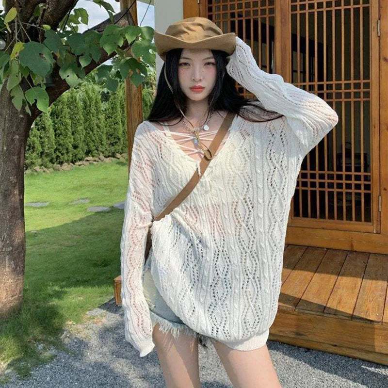 Fashion Two-Sided Wear Knitted Pullover Women Summer Thin Hollow Out Sunscreen Knitwear Woman Streetwear Loose See Through Tops