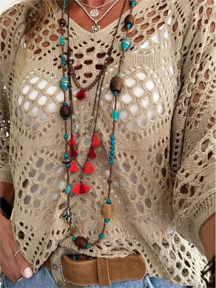 New Sexy V Neck Hollow Out Knitted Sweater Spring Solid Half Sleeve Cape Top Pullover Autumn Fashion Cover Up Women Beach Top