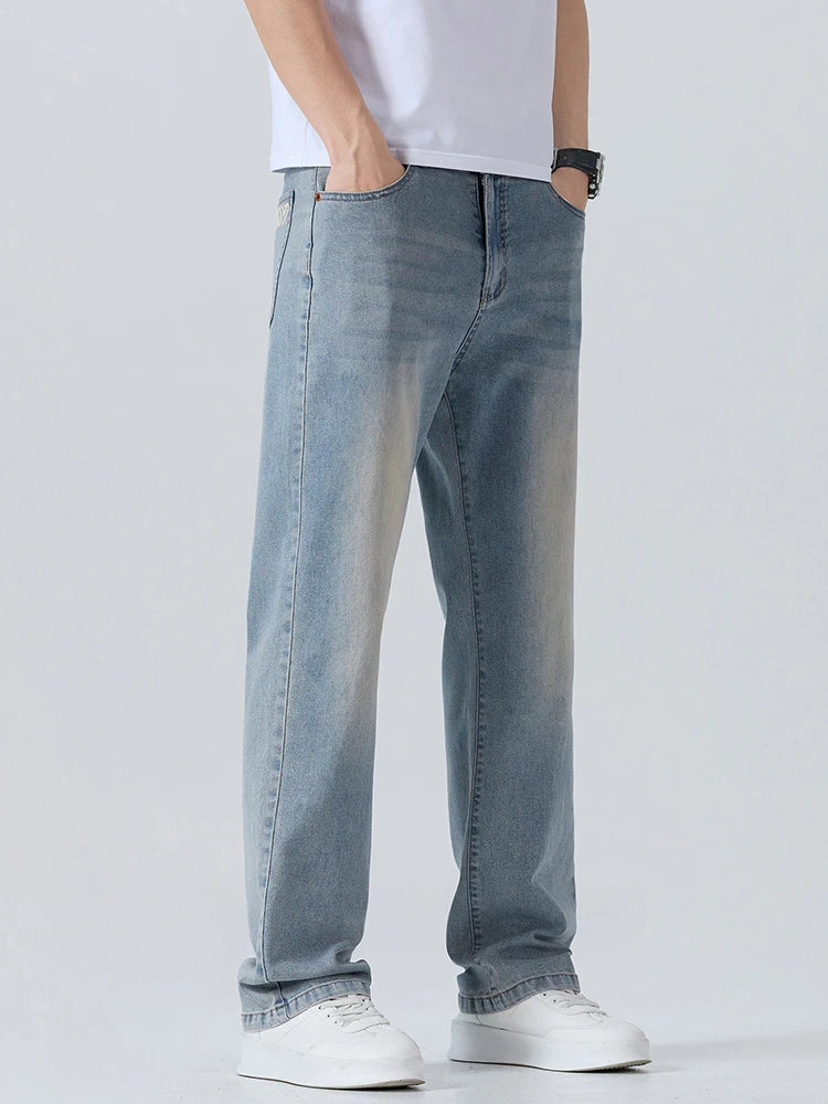 Summer Thin Men's Printed Jeans Breathable Fashion Business Loose Pants Washing Vintage Casual Denim Trousers Male