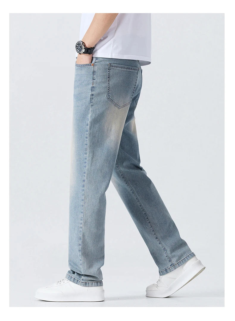 Summer Thin Men's Printed Jeans Breathable Fashion Business Loose Pants Washing Vintage Casual Denim Trousers Male