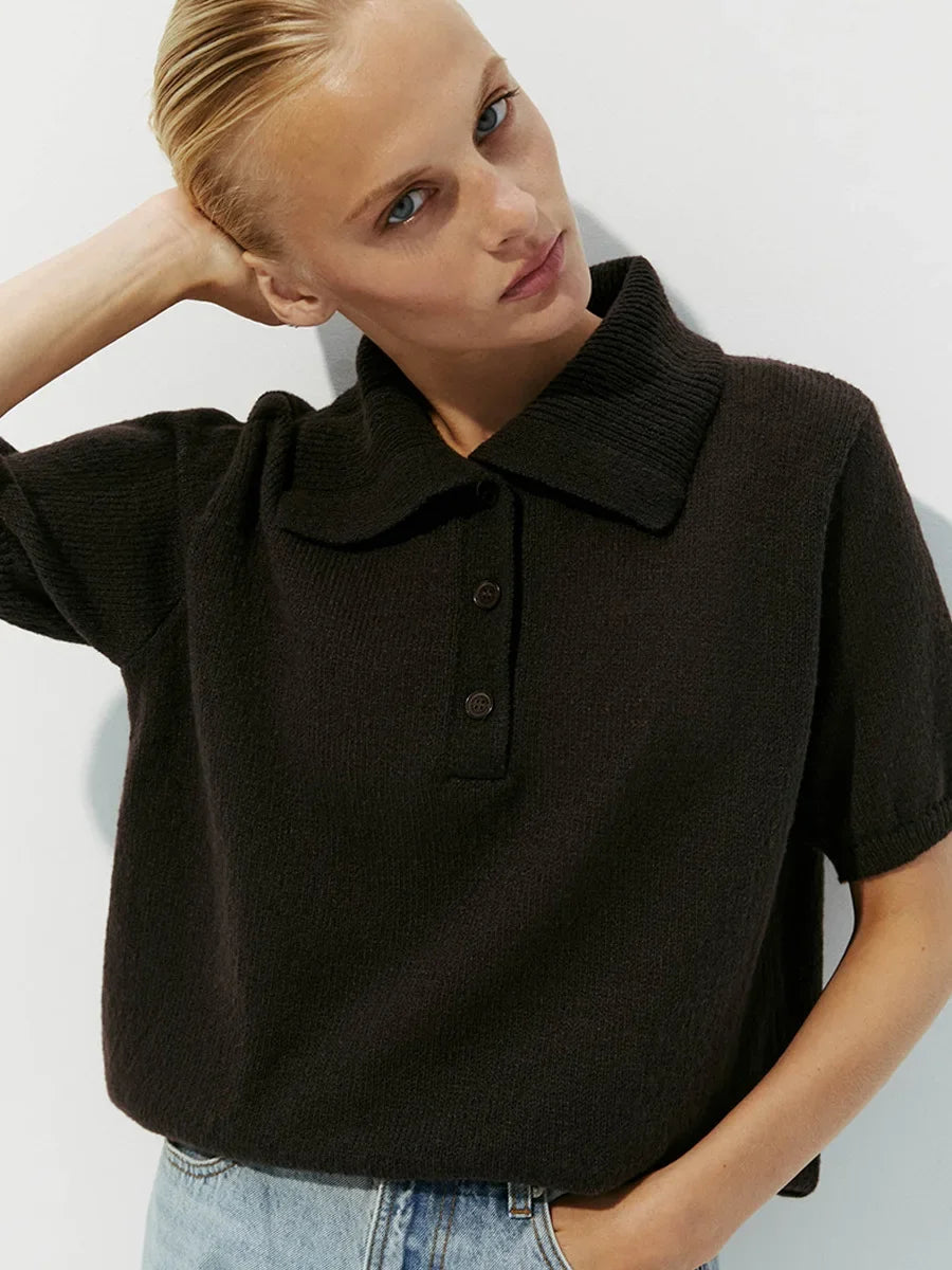 Wolfeel Summer New Polo Collar Hollow Knitted Short Sleeved Sweater Women's Bubble Sleeve T-shirt Female Simple Knitted Sweater