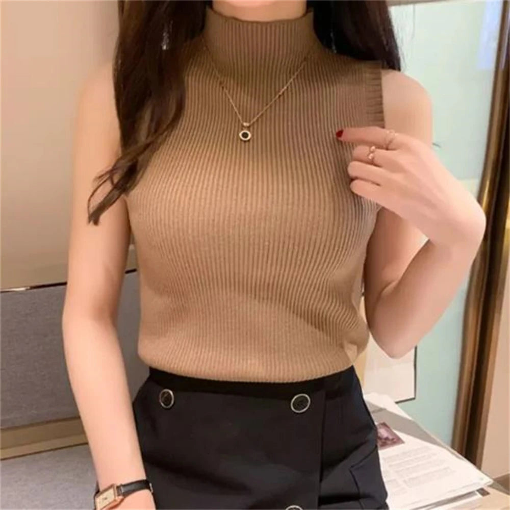 Turtleneck Sleeveless Vest for Women Fashion Party Green Office Lady Top Sexy Streetwear Basic Tank Top
