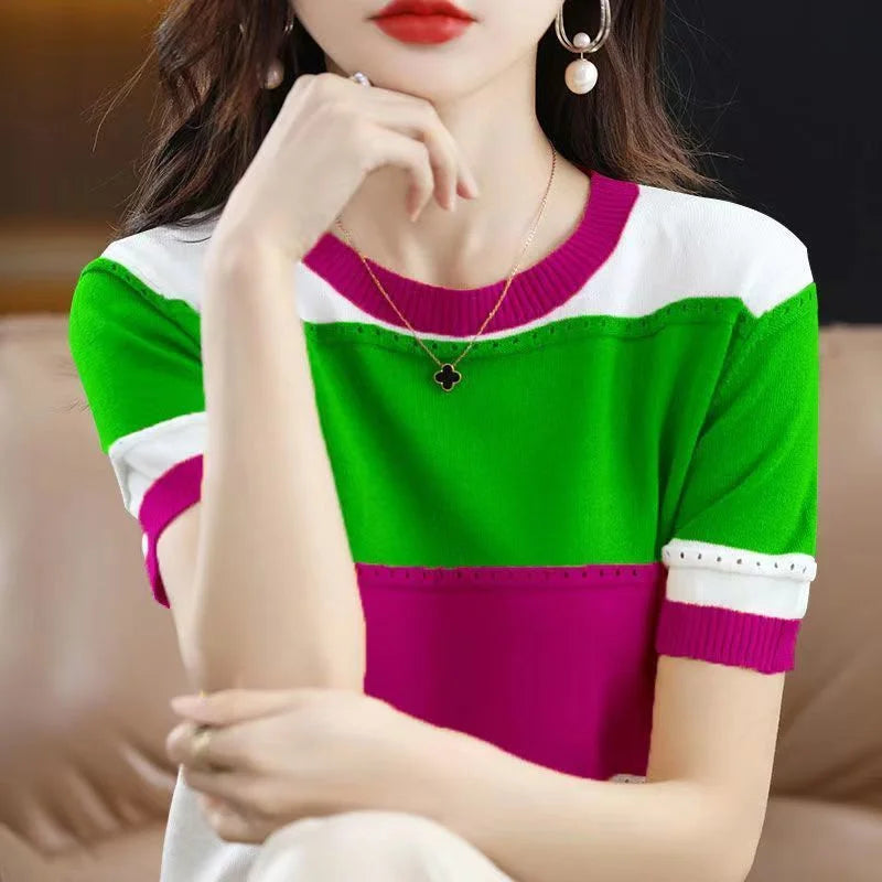 2024 Summer New Ice Silk T-shirt Short-sleeved Stripes knitted Pullover Womens Color Matching Hollow Thin Knitted Sweater Ladies