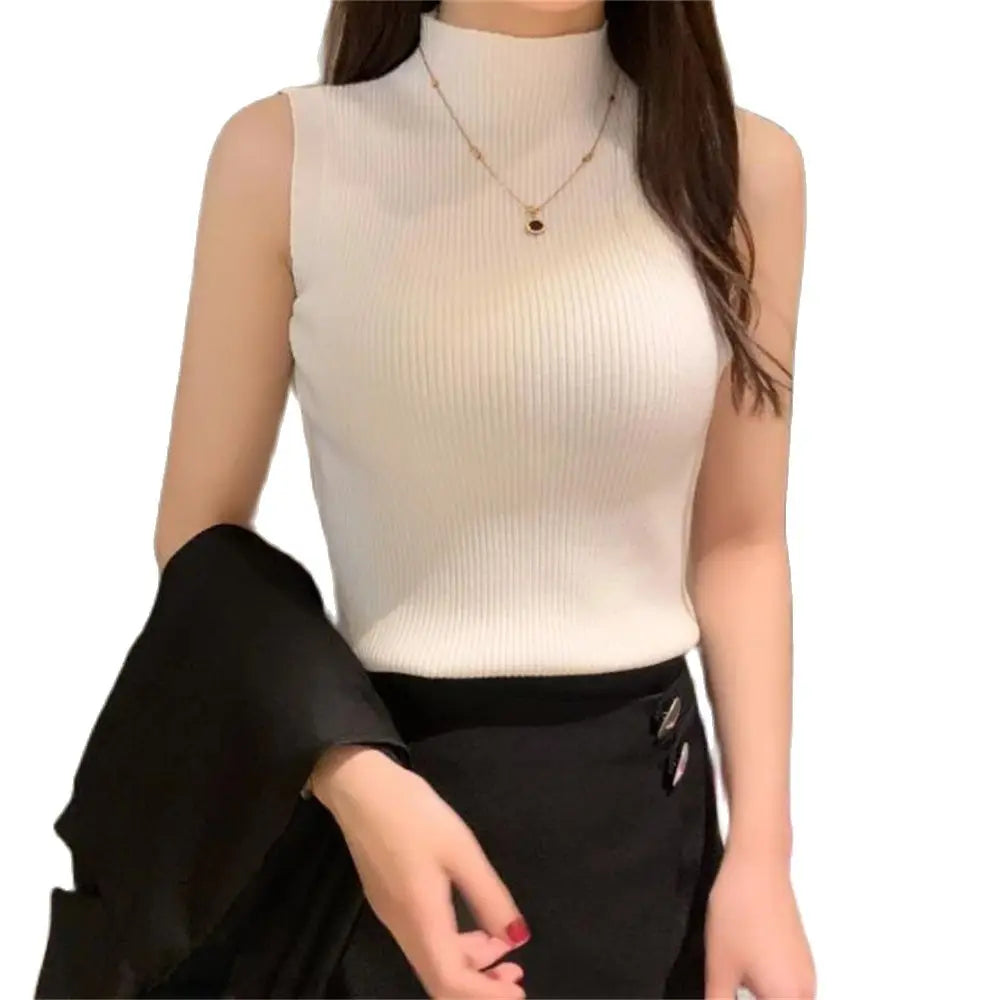 Turtleneck Sleeveless Vest for Women Fashion Party Green Office Lady Top Sexy Streetwear Basic Tank Top