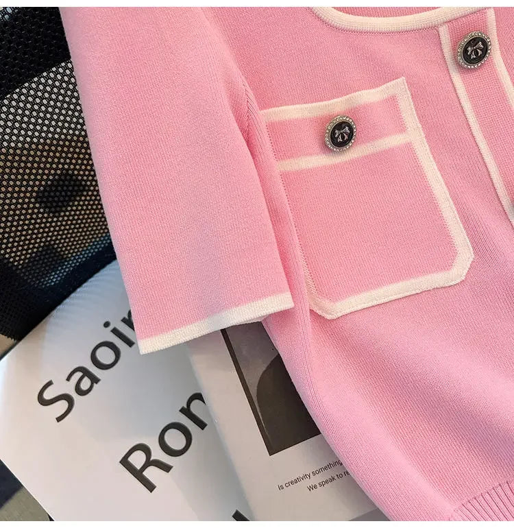 Summer Sweater Women's Knit T-shirt Casual Short Sleeve Woman Clothes Versatile Square Collar Lady Pullover Knitwear Tops Jumper