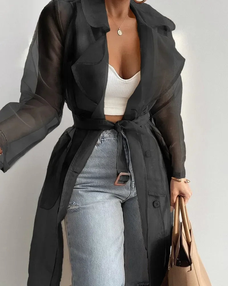 Joskaa Solid Organza See Through Lapel Full Sleeve Trench 2023 Summer Women Fashion Buttoned Coat with Belt Elegant Shirts