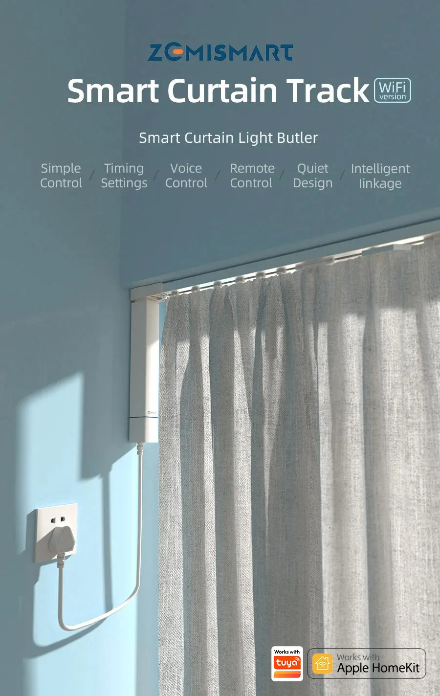 Zemismart WiFi Homekit Smart Electric Curtain Motor with Custom Track Works with Tuya Alexa Google Home Wall Mount Ceiling Mount