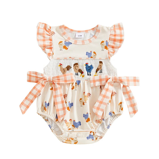 Newborn Baby Girl Romper Farm Chicken Outfit Ruffle Smocked Plaid Bodysuit Western Country Summer Clothes