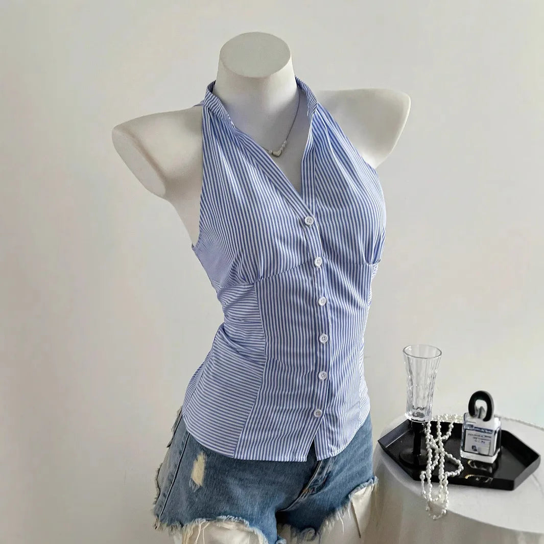 2025 Sexy Fashion Causal Stripe V Neck Sleeveless Holiday Design Plaid Skinny Halter Women Tank Chic Holiday Streetwear Tanks