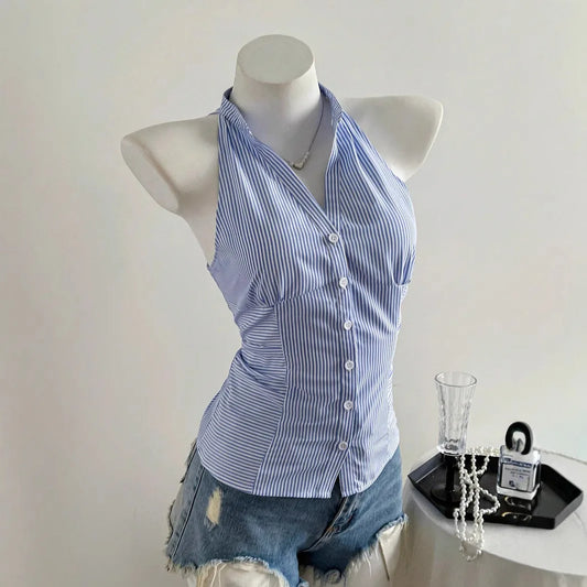 2025 Sexy Fashion Causal Stripe V Neck Sleeveless Holiday Design Plaid Skinny Halter Women Tank Chic Holiday Streetwear Tanks