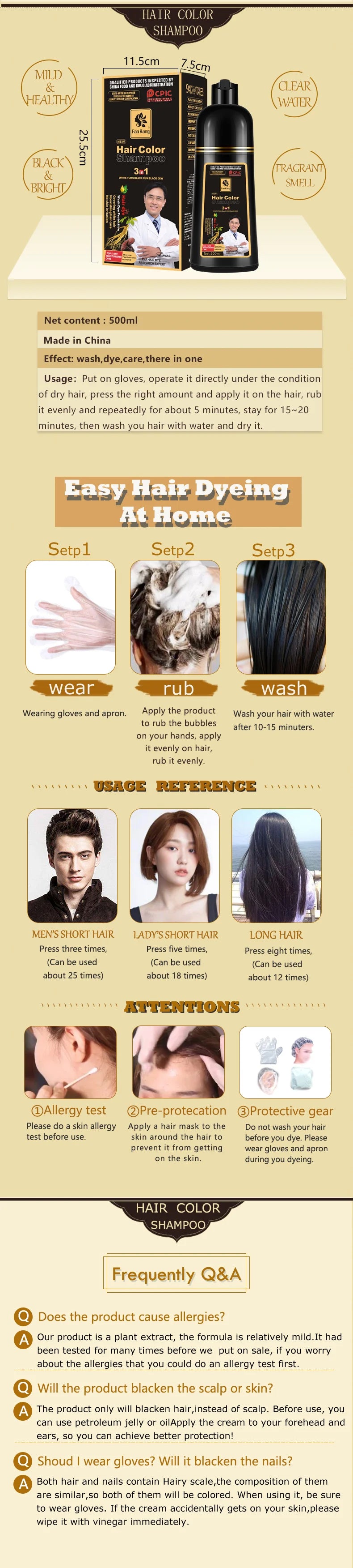 500ml Permanent Hair Shampoo Organic Natural Fast Hair Dye Plant Essence Hair Colorng Cream Cover Dye Shampoo For Women Men
