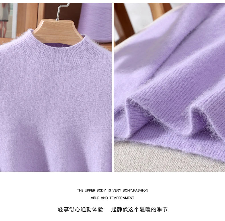 Women's Sweater Semi High Neck Autumn/Winter Pullover Long Sleeved High-End 100% Mink Fur Knitted Sweater Fashion Korean Version
