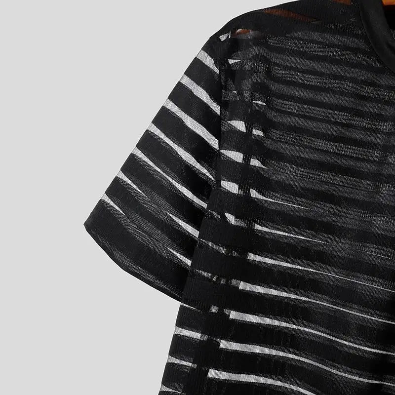 2023 Men T Shirt Mesh Striped O-neck Short Sleeve Transparent Men Clothing Streetwear Sexy Korean Fashion Tee Tops S-5XL INCERUN