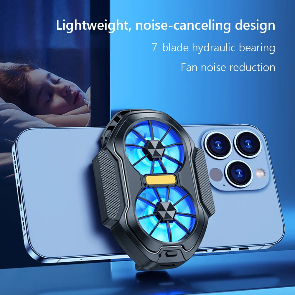 Dual Fan Mobile Phone Cooler Plug-in/Rechargeable Cell Phone Cooling Fan Type-C with Blue Light for Android IOS PUBG Game Cooler