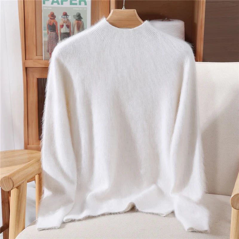 Women's Sweater Semi High Neck Autumn/Winter Pullover Long Sleeved High-End 100% Mink Fur Knitted Sweater Fashion Korean Version
