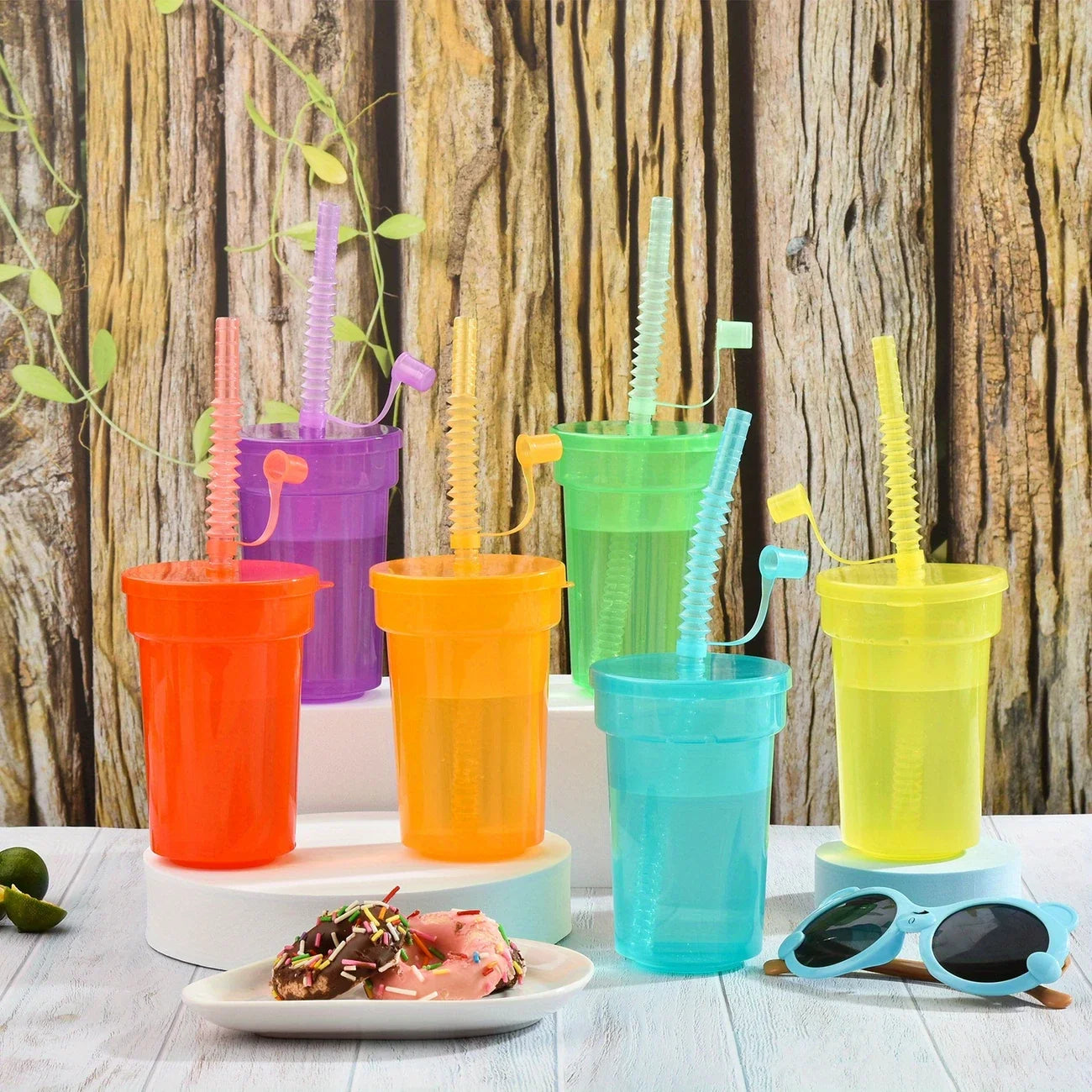 Colorful Expandable Plastic Straw Cup with Leak Proof Lid Siphon Mug for Summer Outdoor Travel Home Juice Milk Water DrinkingUse