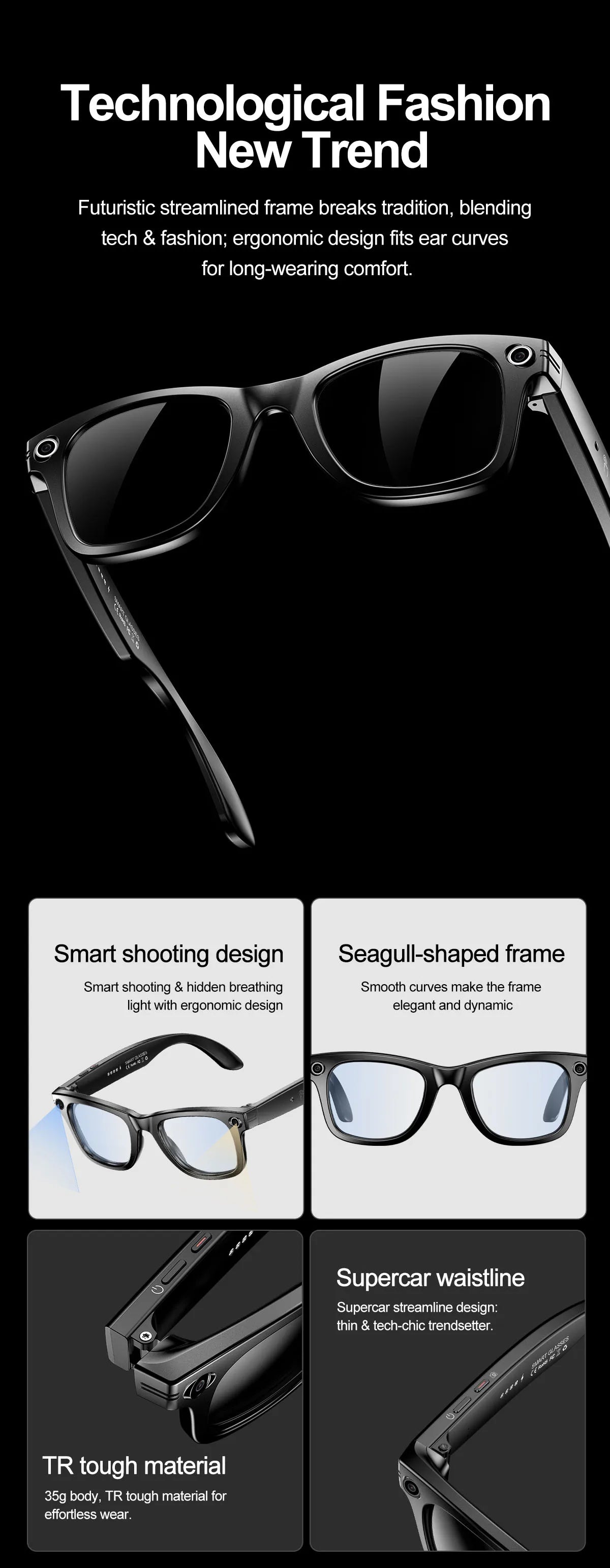 Smart Glasses Recording Videos AI Photo Recognition Answer Translation 260mAh Large Battery IP65 Waterproof Bluetooth Glasses