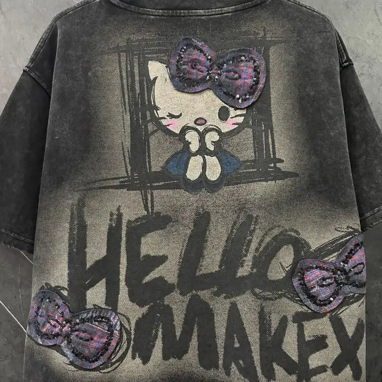 Y2K Hello Kitty Summer Girls T-Shirt Short Sleeve Anime Sanrios Cartoon Cute Sweet Cotton Women Kawaii Casual Loose Trend Tops